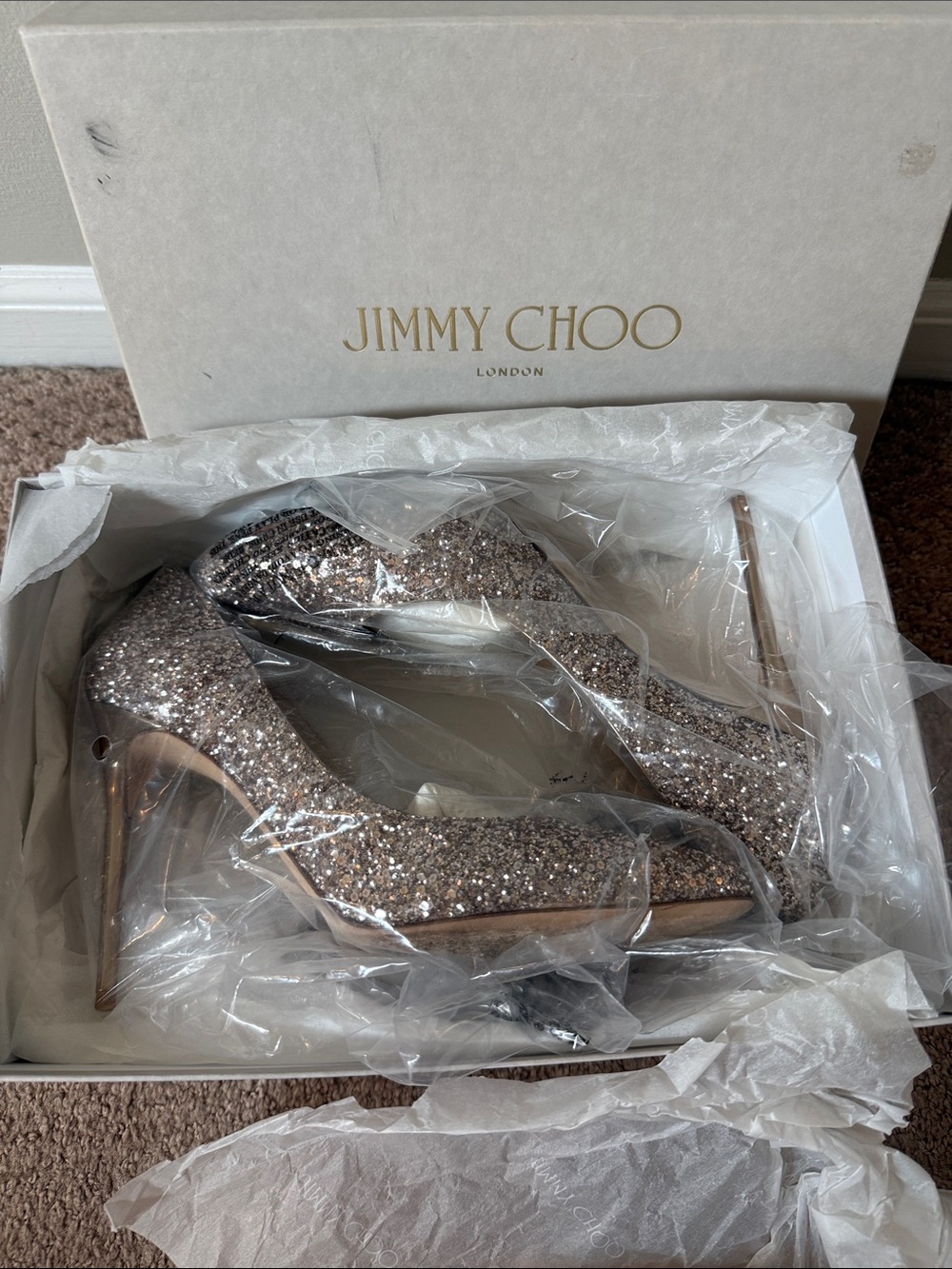 Jimmy Choo Esme 100 Glitter Pumps in Rose Gold Sparkle